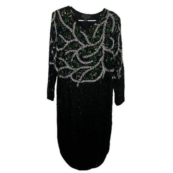 Jean for Joseph Le Bon Silk Sequin Beaded Dress Long Sleeve Evening Wear Vtg L - Picture 9 of 11
